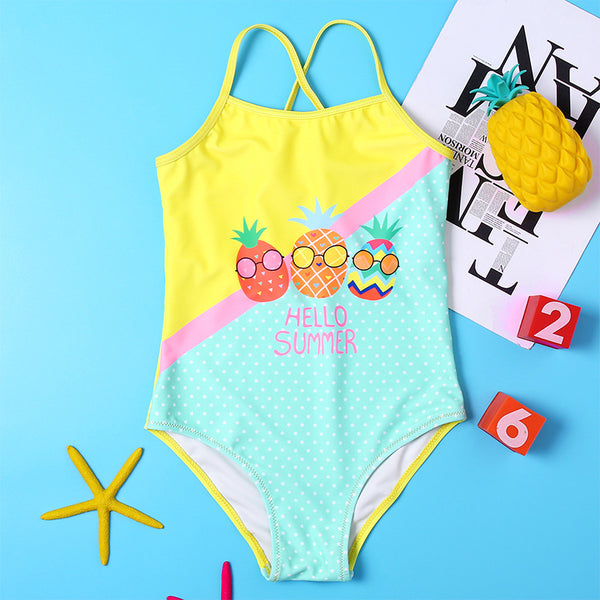 Pineapple Print Girl One Piece Swimsuit Hello Summer Letter Children's Swimwear 2-8 Years Girls Bathing Suit Monokini Beachwear