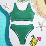 7-14Years Solid Girl Swimsuit Kids Sport Two Piece Children's Swimwear High Waist Bikini Set Padded Girls Bathing Suit Beachwear