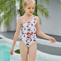 2022 Cherry Girl One Piece Swimsuit Kids One Shoulder Girls Bathing Suit Tie Up Children's Swimwear 7-14Years Swimming Beachwear