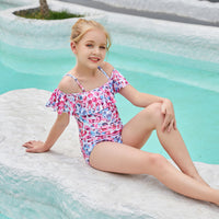 Off Shoulder Girl One Piece Swimsuit Ruffle Children's Swimwear Leopard Girls Bathing Suit Monokini 7-14Years Swimming Beachwear