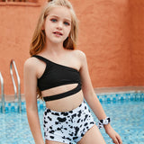 One Shoulder Swimsuit Girls Cow Pattern Two Piece Children's Swimwear Cut Out Girl Bikini Set with Trunk 7-14 Years Bathing Suit