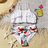 Ruffle Girl Swimsuit Kids Ruched High Waist Bikini Set Floral Two Piece Children's Swimwear Padded Girls Bathing Suits Beachwear