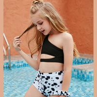 One Shoulder Swimsuit Girls Cow Pattern Two Piece Children's Swimwear Cut Out Girl Bikini Set with Trunk 7-14 Years Bathing Suit