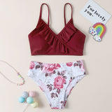 7-14 Years Floral Girl Swimsuit Kids Ruffle Trim Surplice Neck Bikini Set Two Piece Children&#39;s Swimwear Padded Girl Bathing Suit