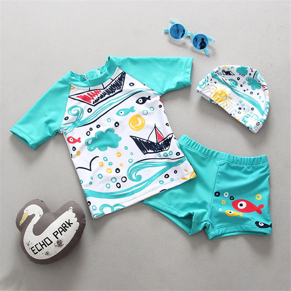 2-8 Years Baby Boy Swimsuit Kids Print Two Piece Children Swimwear with Swimming Cap Short Sleeve Toddler Boys Bathing Suits UV