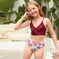 7-14 Years Floral Girl Swimsuit Kids Ruffle Trim Surplice Neck Bikini Set Two Piece Children&#39;s Swimwear Padded Girl Bathing Suit