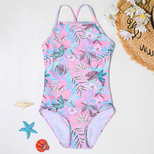 Tropical Plants&Flower Girls One Piece Swimsuit Kids Cross Back Girl B ...