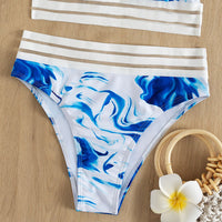 Abstract Fluid Sexy High Waisted Bikini Set Mesh Contrast Trim Swimwear Women Swimsuit Halter Top Bathing Suits Female Beachwear